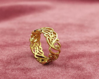 Anillo de filigrana de oro vintage, anillo de banda ancha, anillo de encaje natural, regalo para ella, anillo hecho a mano, anillo bohemio, anillo de planta de vid jzz-ynh.