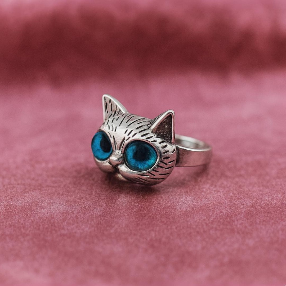 Cute Cat Ring Silver With Big Blue Eyes | Kawaii Kitty Adjustable Ring ...