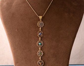 Chakra Pendant Necklace in Gold, Seven Chakra Gemstone Vertical Necklace, Spiritual Healing Jewelry, Yoga Gift for Her