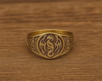 Gold Dragon Signet Ring, Fantasy Dragon Ring for Men, Medieval Style Heraldic Ring, Mythical Creature Jewelry, Viking Dragon Ring