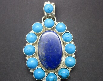 Natural Lapis Lazuli,Red Coral,Turquoise and River Pearl Unique 925 Sterling Silver Pendant 2 A4718