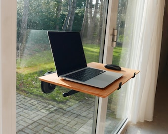 Large bamboo floating desk - inclination and height adjustable - mobile window sit stand desk - portable office - multifunctional