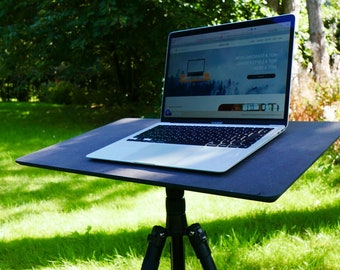 Large black tripod desk - made in Belgium - inclination and height adjustable - mobile sit stand desk - portable office - multifunctional
