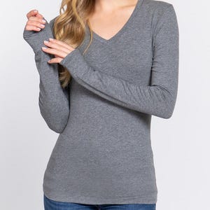 Women&#39;s V Neck Long Sleeve T-Shirt Soft Stretch Cotton Basic Fitted Top