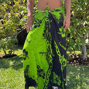 Hawaii Design Sarong Pareo Green Black Hibiscus Tropical Cruise Beach Pool Sexy Bikini Cover-Up Wrap Dress