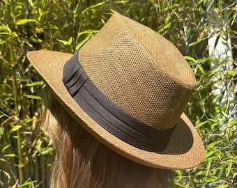 Unisex Panama Authentic Brown Woven Palm Hat, Summer Hat, Beach Hat, Wide Brim Hat