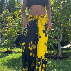 Hawaii Design Sarong Pareo Yellow Black Plumeria Tropical Cruise Beach Pool Sexy Bikini Cover-Up Wrap Dress