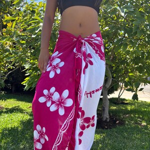 Hawaii Design Sarong Pareo Pink/White Plumeria Tropical Cruise Beach Pool Sexy Bikini Cover-Up Wrap Dress