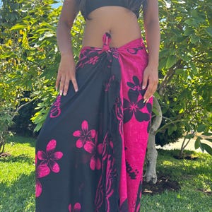 Hawaii Design Sarong Pareo Pink Black Plumeria Tropical Cruise Beach Pool Sexy Bikini Cover-Up Wrap Dress