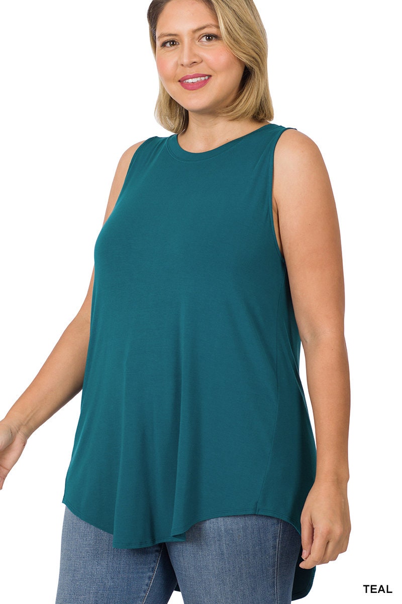 Full Size Raw Hem Linen Round Neck Sleeveless Top Plus Size