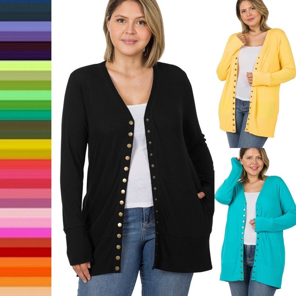 Women's Snap Button Hip Length Long Sweater Cardigan with Side Pockets Plus Size 1X 2X 3X