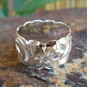 Hawaiian Design Jewelry .925 Sterling Silver Scroll Flower Wedding Ring Band 12mm