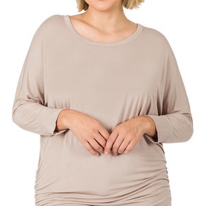 Top Blouse Luxe Rayon Boat Neck Dolman 3/4 Sleeve with Side Ruched 1X 2X 3X
