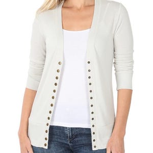 Women&#39;s Snap Button Hip Length 3/4 Sleeve Sweater Cardigan with Ribbed Neckline, Sleeve, Hem