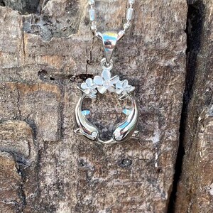Hawaiian Jewelry Double Dolphin w/Plumeria Genuine .925 Sterling Silver Pendant Necklace