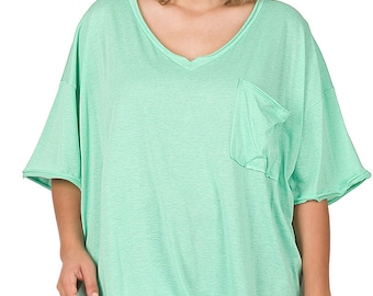 Plus Size Women&#39;s V Neck Oversized Front Pocket Raw Edge Boyfriend T-Shirt Tee 1X 2X 3X