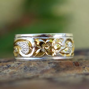 Hawaiian Jewelry .925 Sterling Silver Gold Queen Scroll Flower Wedding Ring Band 8mm