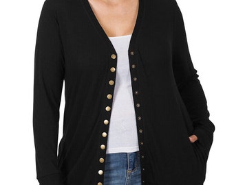 Women s Snap Button Hip Length Long Sweater Cardigan With Side Pockets Plus Size 1X 2X 3X Etsy Canada