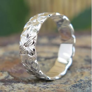Hawaiian Jewelry .925 Silver Plumeria Flower Cutout Edge Wedding Ring Band 6mm