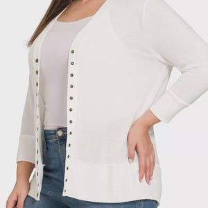 Women&#39;s Snap Button Hip Length 3/4 Sleeve Sweater Cardigan with Ribbed Neckline, Sleeve, Hem