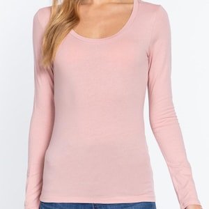 Women&#39;s Scoop Round Neck Long Sleeve T-Shirt Cotton Basic Fitted Top
