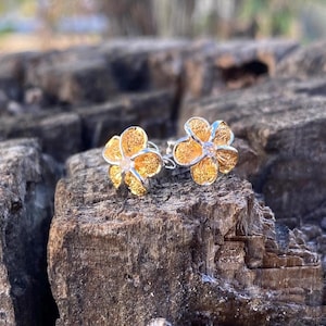 Hawaiian Jewelry .925 Sterling Silver Plumeria Flowers Post Sand Finish Earrings