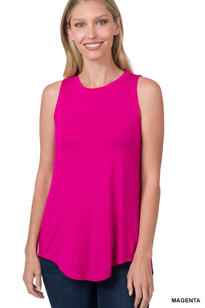 Women's Luxe Rayon Round Neck Round High Low Hem Loose Fit Sleeveless Top