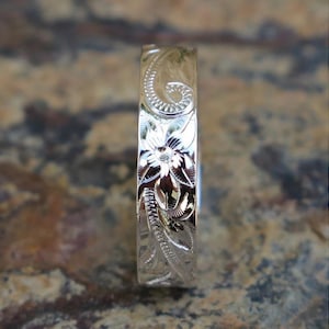 Hawaiian Design Jewelry .925 Sterling Silver Scroll Flower Wedding Ring Flat Thick Band 6mm