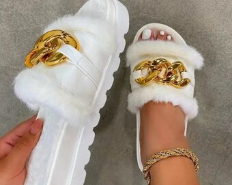chanel inspired fur slides