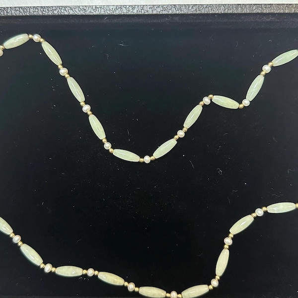 26” Jade, 14k Yellow Gold, and Pearl Necklace