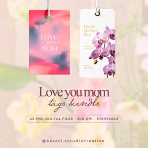 Puede incluir: Dos etiquetas de regalo con cuerdas blancas. Una etiqueta tiene un diseño de acuarela rosa y azul con el texto "LOVE you MOM with love". La otra etiqueta tiene orquídeas moradas y el texto "Happy Mothers Day."
