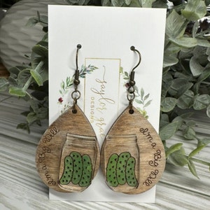 Dill Pickle 3D Dangle Earrings / Painted Wood Earrings / Light Weight Earrings / Fun Earrings / Teacher&#39;s Gift