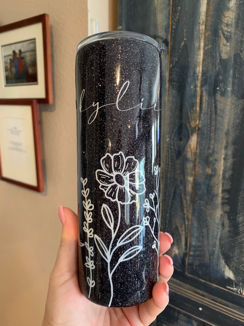 20 oz Black Glitter Epoxy Tumbler with Wildflowers Black Etsy