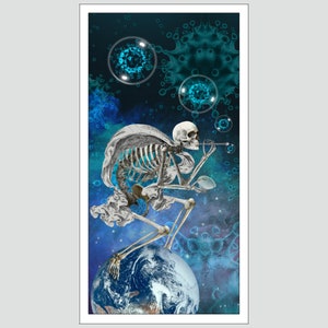 May include: A skeletal figure sits on a globe, blowing bubbles filled with blue and green viruses. The background is a dark blue and purple space with scattered viruses.
