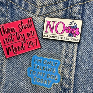 May include: Three enamel pins with humorous phrases. One pink pin reads "Thou shall not try me Mood 24:7". A white pin says "NO is a complete sentence" with floral accents. A blue pin reads "I'm only talking to my dog today".