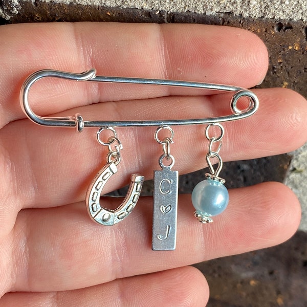 Handmade Personalised initials something blue pin charm