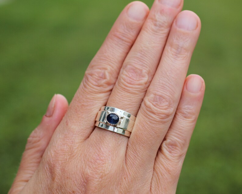 Unique Modern design Sapphire Ring Blue Gemstone Wide Sterling Silver Blue Sapphire Ring Blue Sapphire Ring Sterling Silver Wide Band
