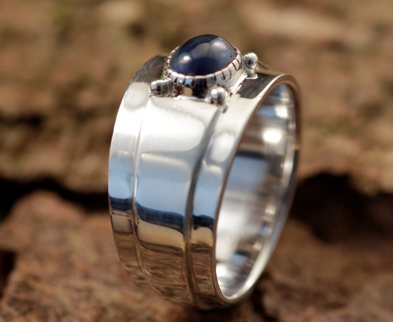 Unique Modern design Sapphire Ring Blue Gemstone Wide Sterling Silver Blue Sapphire Ring Blue Sapphire Ring Sterling Silver Wide Band