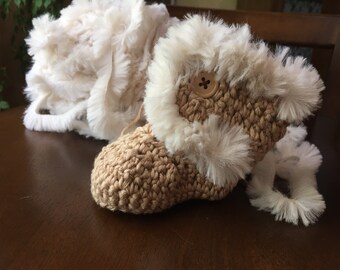 Booties with fur for babies, Brown booties, baby girl booties, crochet booties, fur boots, brown crochet winter booties
