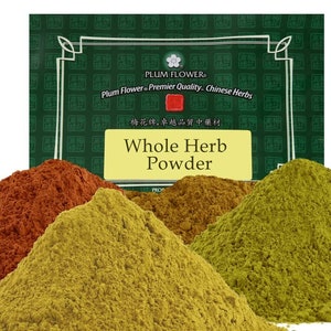 May include: Three piles of different colored herbal powders, labeled "Whole Herb Powder" on a green box with the text "Plum Flower - Premier Quality. Chinese Herbs".