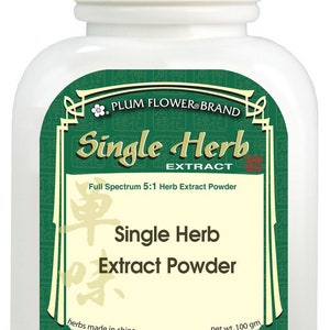 May include: A white plastic bottle with a green label that says "Plum Flower Brand Single Herb Extract". The label also says "Full Spectrum 5:1 Herb Extract Powder" and "Single Herb Extract Powder". The bottle contains 100 grams of herbs made in China.