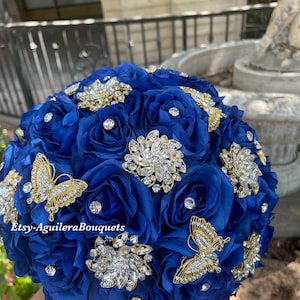 Royal Blue Quinceañera Bouquet, Gold Butterfly Theme, Royal Blue Quince Bouquet, Royal Blue and Gold Bouquet,Royal Blue Bridal Bouquet, Gold image 3