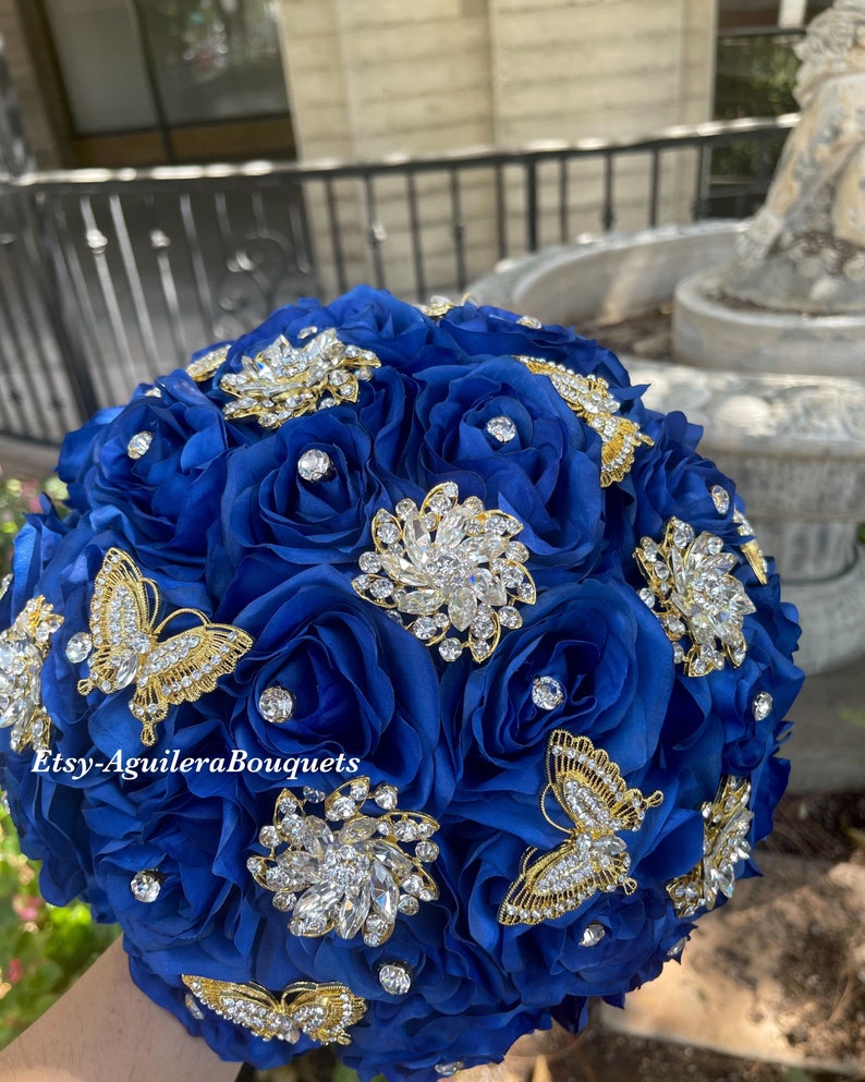 Royal Blue Quinceañera Bouquet, Gold Butterfly Theme, Royal Blue Quince Bouquet, Royal Blue and Gold Bouquet,Royal Blue Bridal Bouquet, Gold image 3