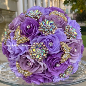 Lilac Lavender Purple Quinceañera Bouquet, Butterfly Theme, Lilac Lavender Purple Quince Bouquet Lilac Bridal Bouquet Gold Butterflies