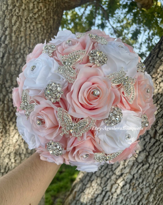 Pink Blush Bouquet, Quinceañera Bouquet, Pink Blush Quince Bouquet, Silver  Butterflies, Silver and Pink Blush, Blush Bridal Bouquet 