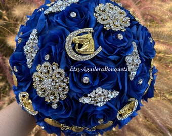 Royal Blue Quinceañera Bouquet, Charro Bouquet, Quince Bouquet, Royal Blue Charra Quinceanera, Royal Blue and Gold Quince Bouquet,