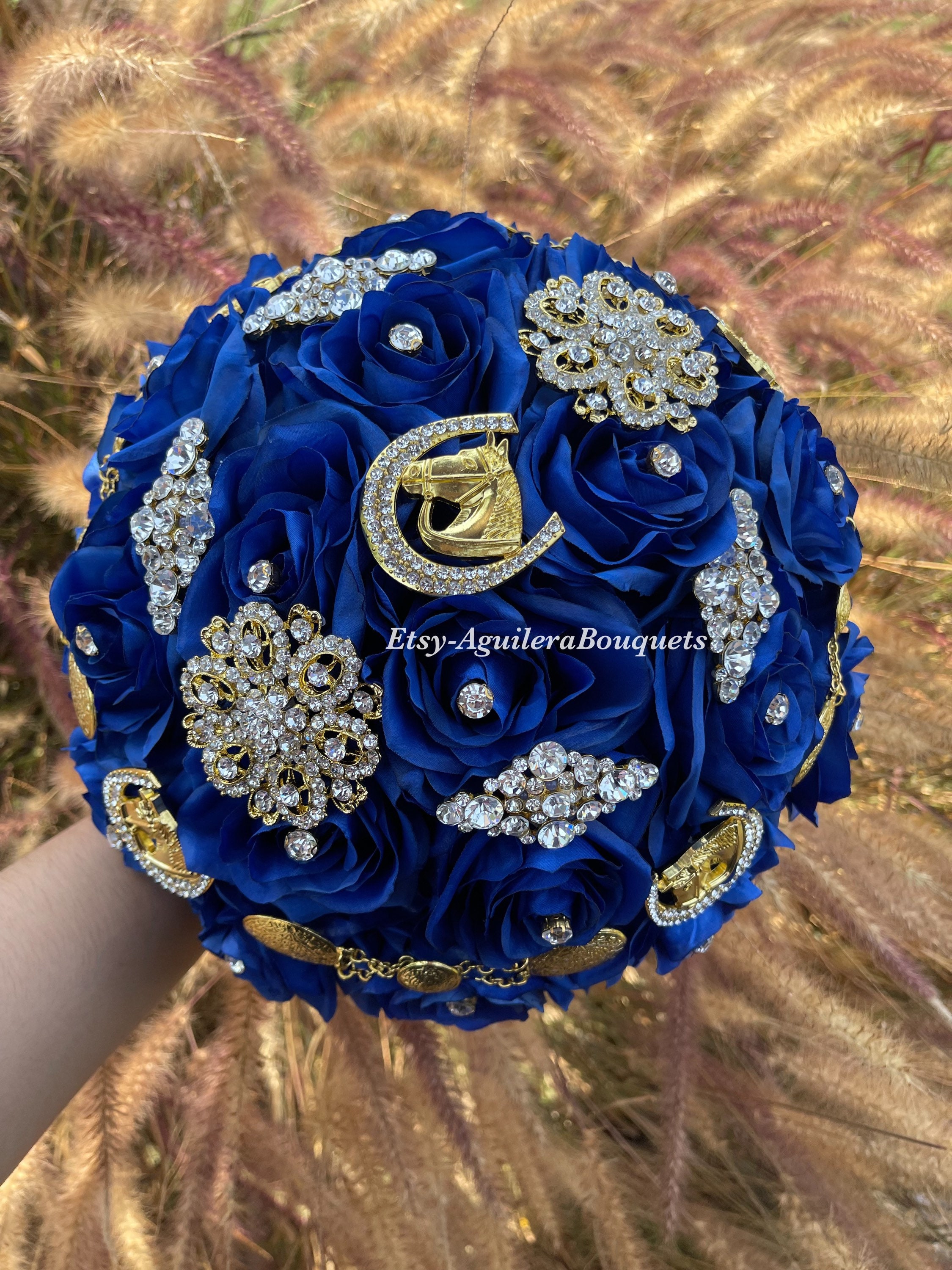 Royal Blue Quinceañera Bouquet, Gold Butterfly Theme, Royal Blue