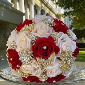 Red and Champagne Quince Bouquet Red Bouquet Gold Butterflies Red and Champagne Quince Gold Bouquet Bridal Bouquet Red Quinceañera Bouquet