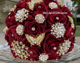 Burgundy Quince Bouquet Burgundy and Gold Bouquet, Burgundy Bridal Bouquet, Burgundy Quinceañera Bouquet, Quince Bouquet, Gold Butterflies