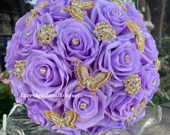 Lilac Quinceañera Bouquet, Butterfly Theme, Lilac Quince Bouquet, Gold  Lilac Bouquet, Lilac Bridal Bouquet, Gold Butterflies 